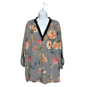 Tacera Floral Stripes Tabbed Sleeves Long Line Blouse Plus Size 2X Casual
